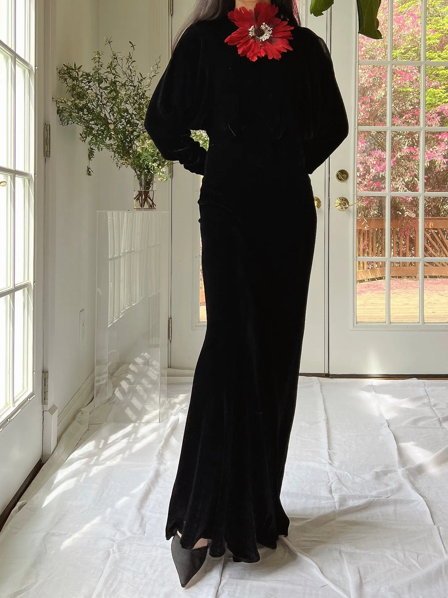 1930s Silk Velvet Dolman Sleeve Gown - XS/S