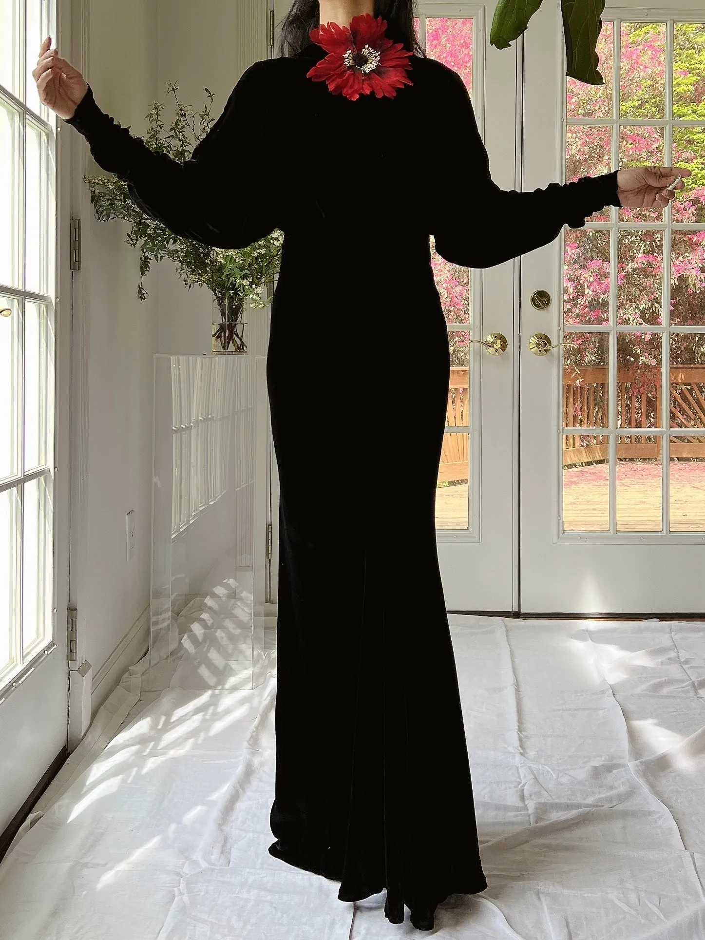 1930s Silk Velvet Dolman Sleeve Gown - XS/S