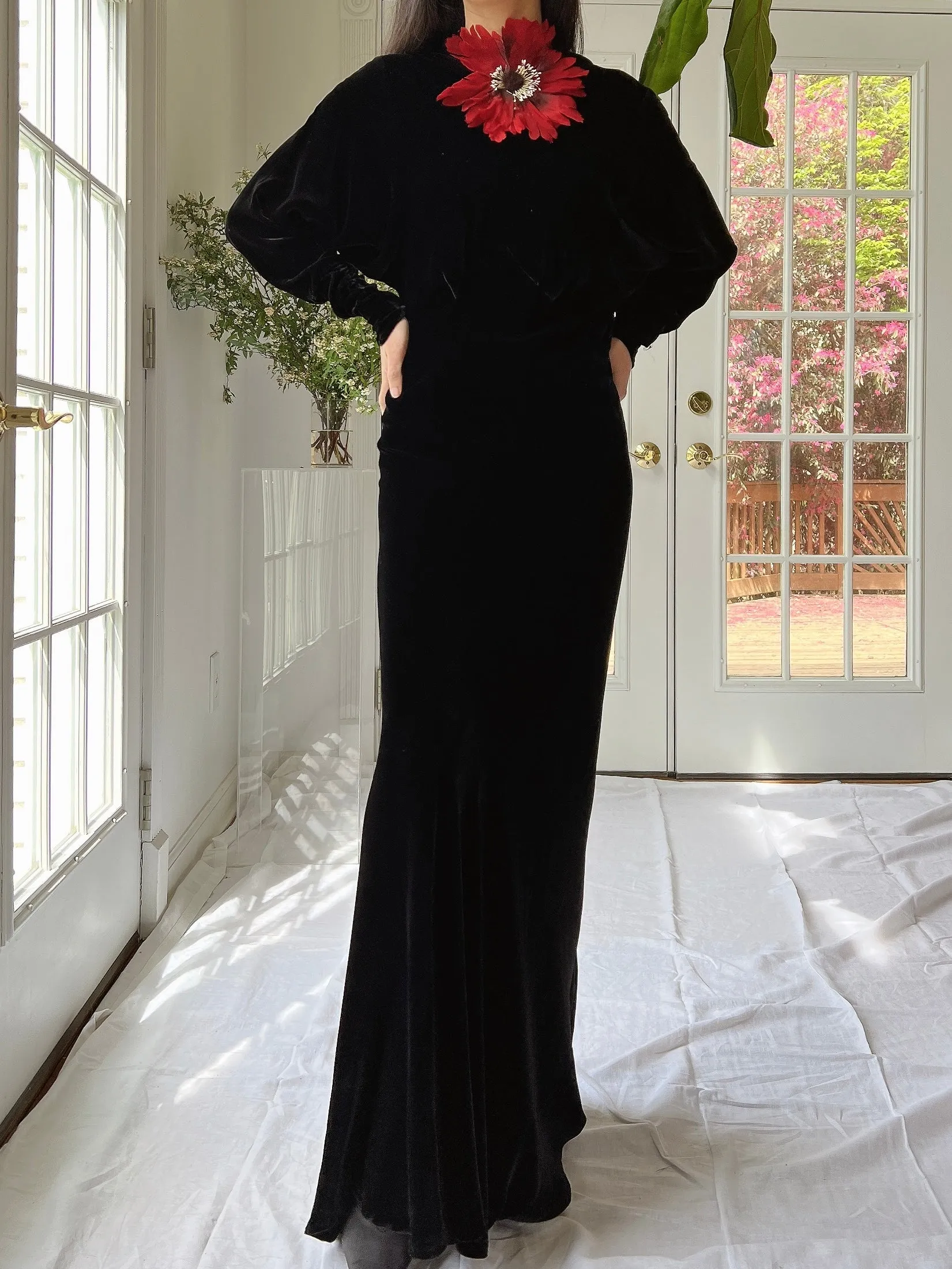 1930s Silk Velvet Dolman Sleeve Gown - XS/S