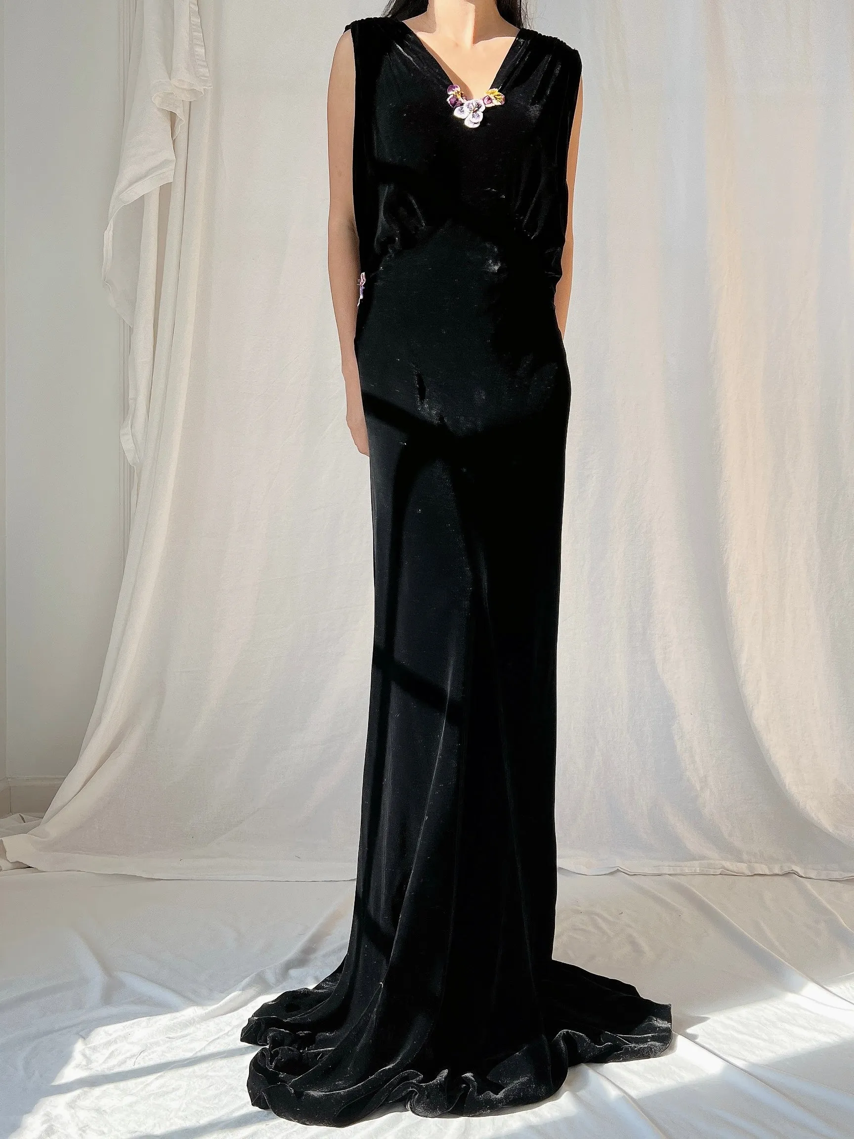 1930s Sill Velvet Gown with Pansies - M