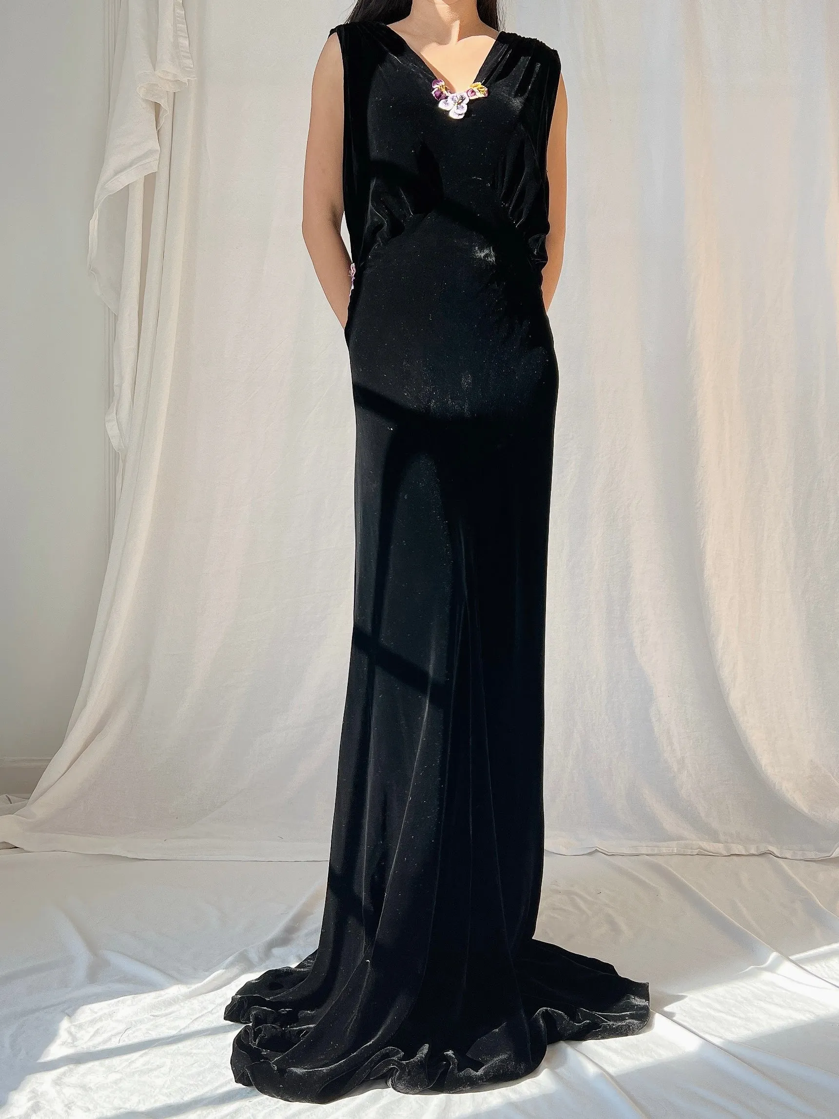 1930s Sill Velvet Gown with Pansies - M