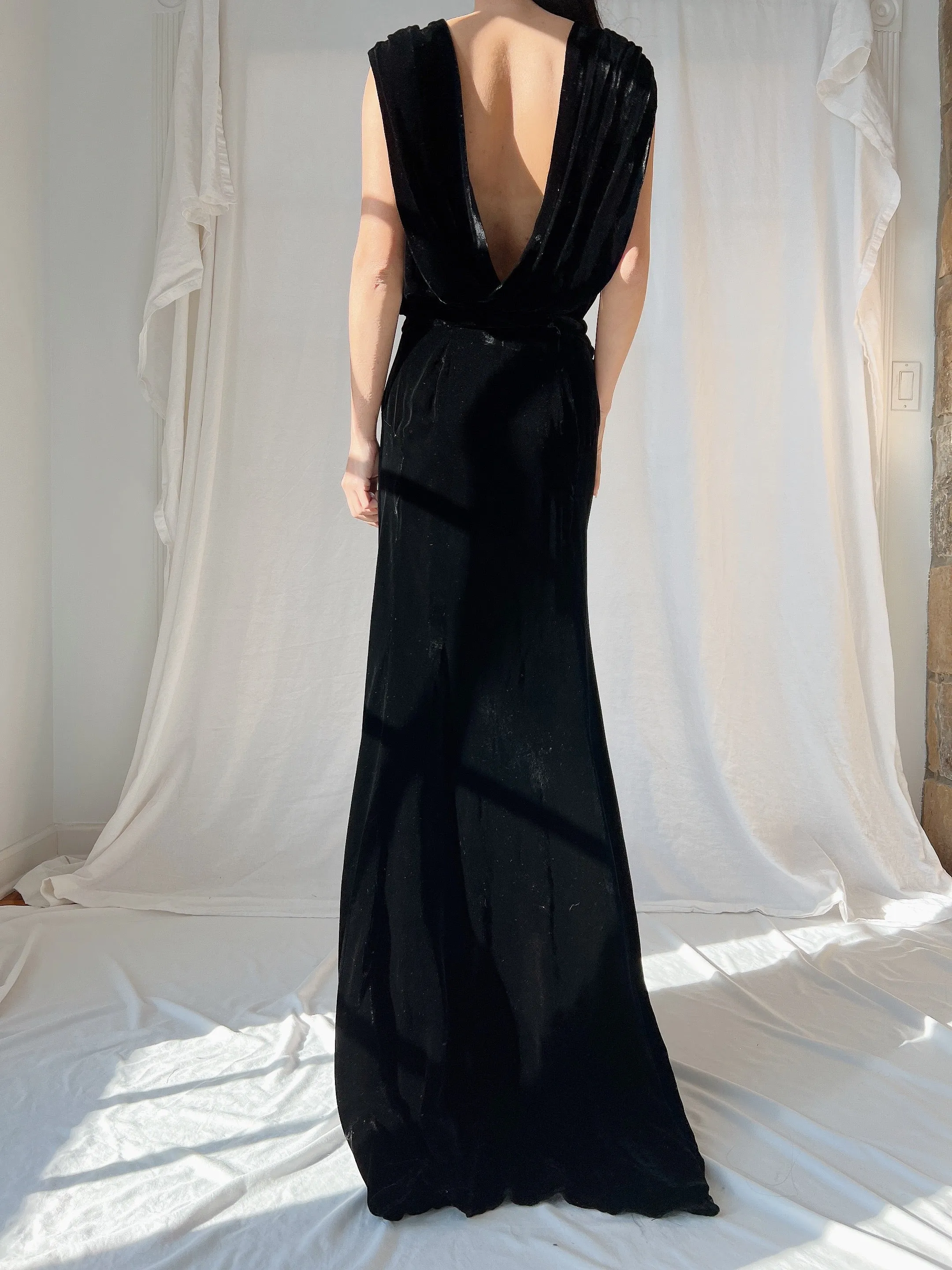 1930s Sill Velvet Gown with Pansies - M
