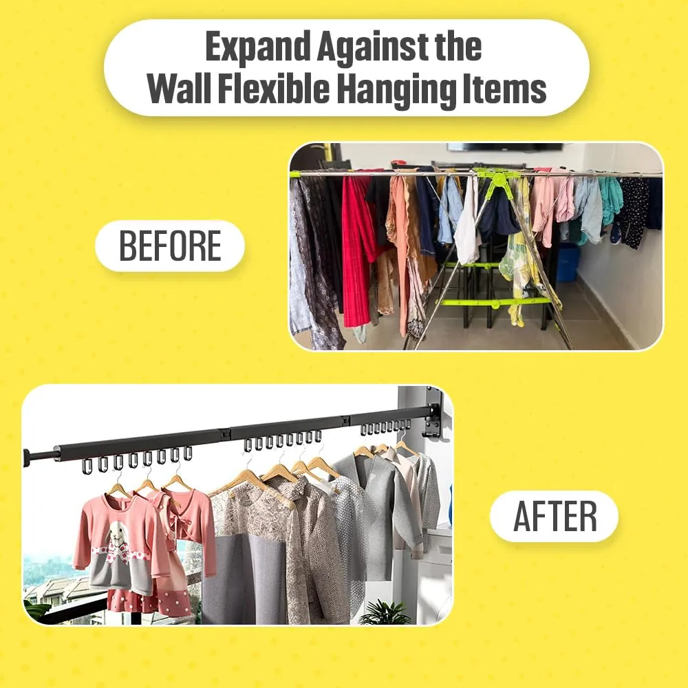 FOLDABLES Aluminium Wall Mounted Clothes Hanger Rack,Retractable Clothes Drying Rack Folding Indoor,Laundry Drying Rack,Collapsible Trifold With 24 J-Hooks Laundry Rack Black