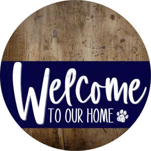 Welcome To Our Home Sign, Dog Sign, Navy Stripe, Wood Grain, DECOE-3710-DH, 18 Wood Round
