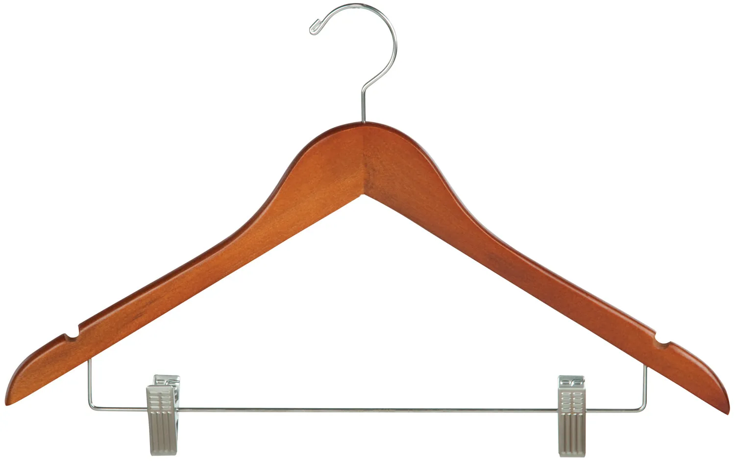 Wishbone Wood Hangers w/ Chrome Hook and Metal Bar w/ Clips, 17", (100)