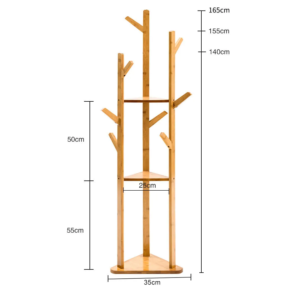 Wooden Hall Tree Coat Rack 3-Tier Standing Shelf with 8 Hooks