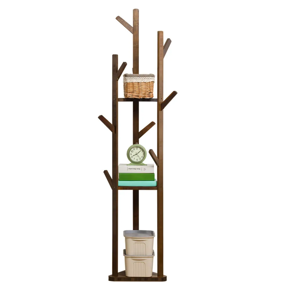 Wooden Hall Tree Coat Rack 3-Tier Standing Shelf with 8 Hooks