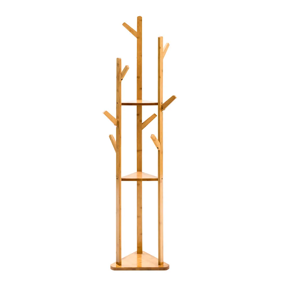Wooden Hall Tree Coat Rack 3-Tier Standing Shelf with 8 Hooks