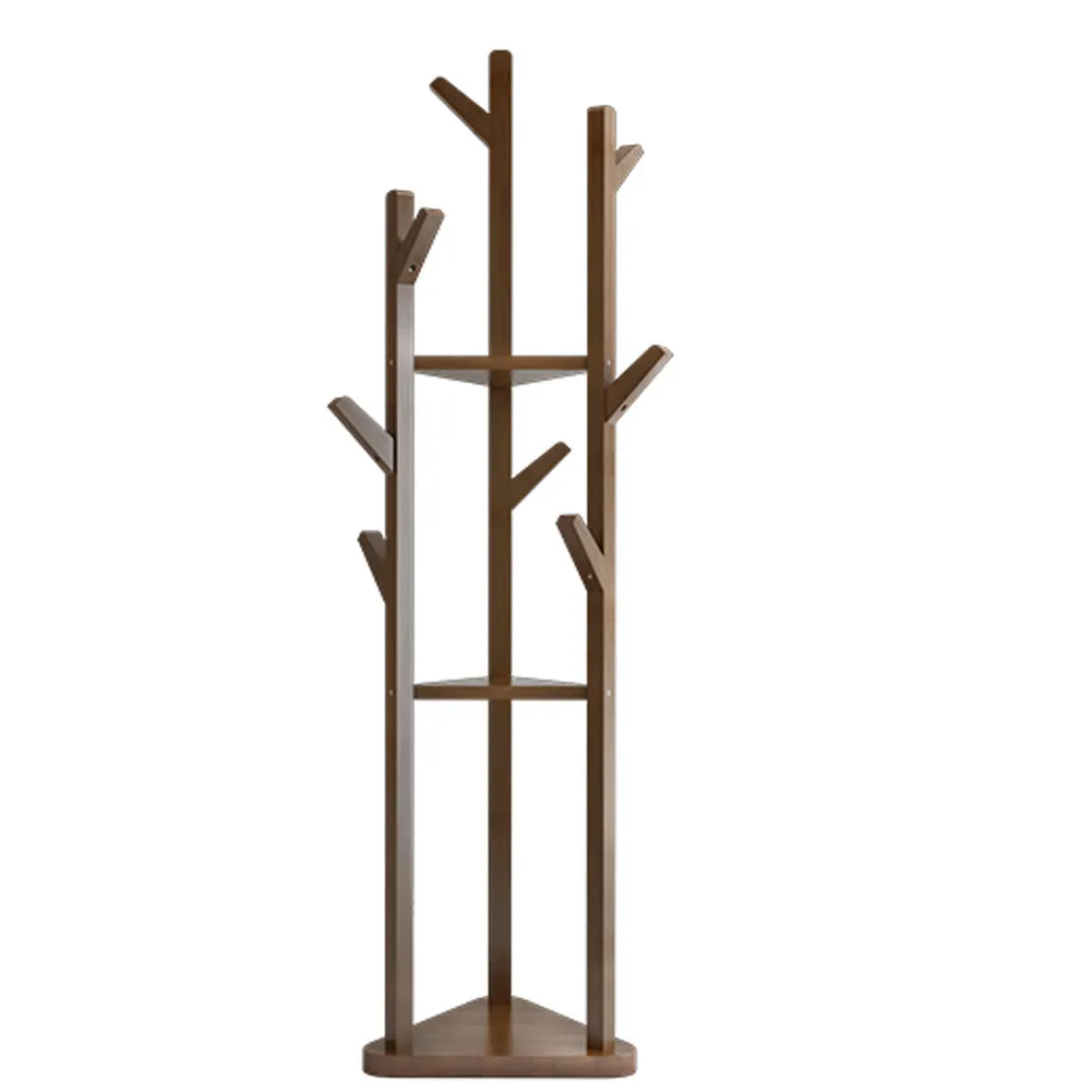 Wooden Hall Tree Coat Rack 3-Tier Standing Shelf with 8 Hooks