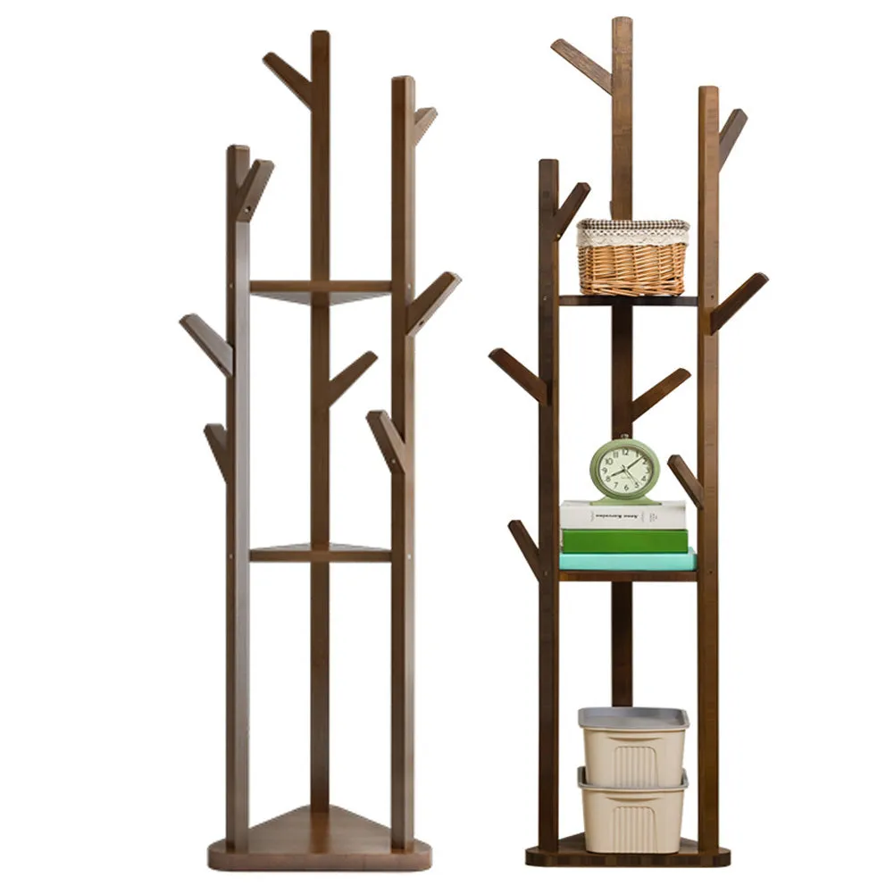Wooden Hall Tree Coat Rack 3-Tier Standing Shelf with 8 Hooks