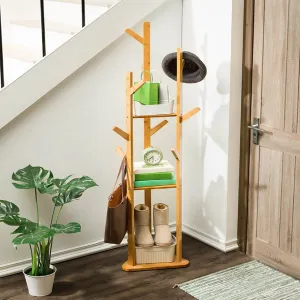 Wooden Hall Tree Coat Rack 3-Tier Standing Shelf with 8 Hooks