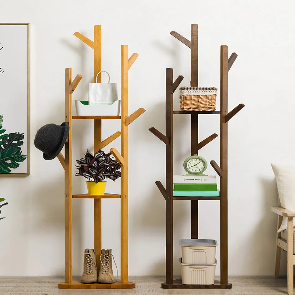 Wooden Hall Tree Coat Rack 3-Tier Standing Shelf with 8 Hooks
