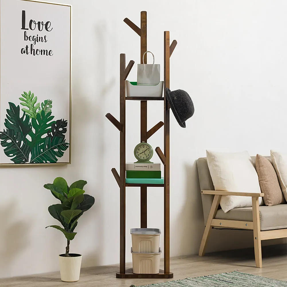 Wooden Hall Tree Coat Rack 3-Tier Standing Shelf with 8 Hooks