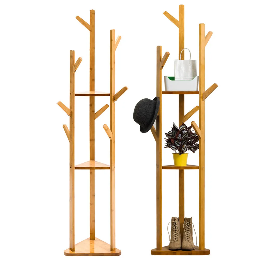 Wooden Hall Tree Coat Rack 3-Tier Standing Shelf with 8 Hooks